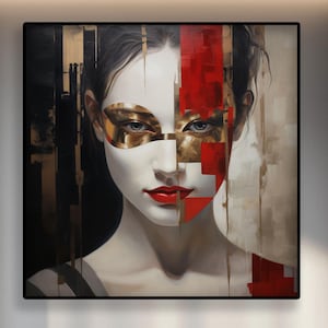 Gold Woman Face Red Original Textured Oil Painting on Canvas –Abstract & Modern Wall Art –Handmade Large Art for Living Room or Office Decor