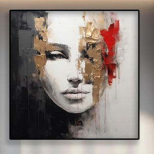 Gold Woman Face Red Black White Original Textured Oil Painting on Canvas – Abstract & Modern Wall Art – Handmade Large Art for Living Rooms