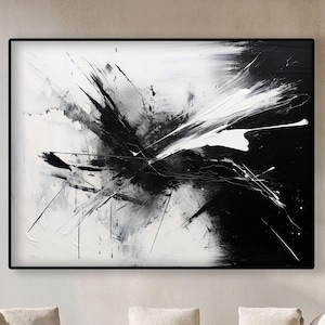 Black & White Abstract Oil Painting: Large Modern Landscape Art