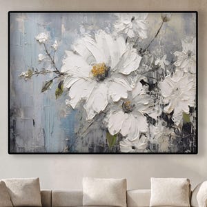 Textured White Flower Oil Painting on Canvas: Abstract Gray Wall Art