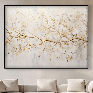 Textured Gold Tree Oil Painting on Canvas: Abstract Landscape Art