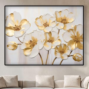 Textured White Gold Flowers Oil Painting: Abstract Modern Wall Art