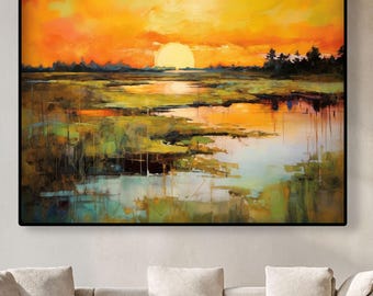 Pintura al óleo texturizada de paisaje hecha a mano: arte mural abstracto moderno