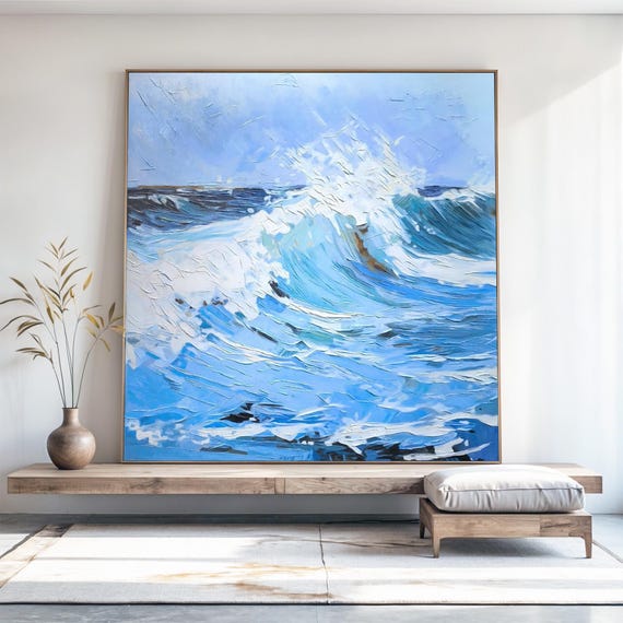油絵キャンバス 油絵 青 絵画 キャンバスに描かれた青い波の油絵 抽象的