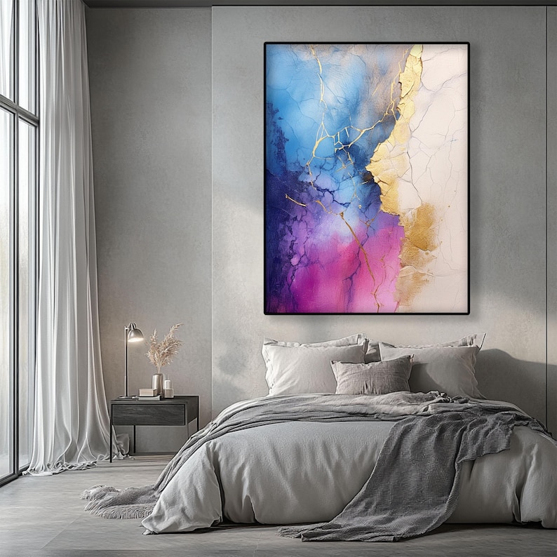 Textured Gold & Blue Abstract Oil Painting on Canvas: Modern Wall Art ...