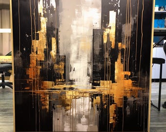 Gold Cityscape Painting: Textured Abstract Oil Art on Canvas