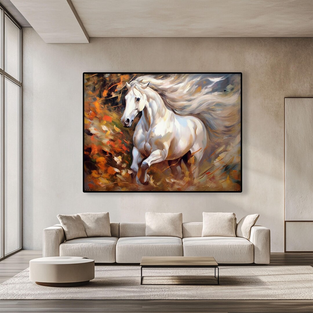 Running White Horse Oil Painting: Textured Abstract Landscape Art - Etsy