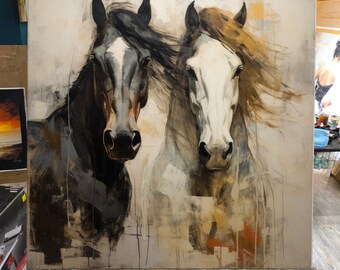 Dipinto a olio su tela con cavalli testurizzati – Arte murale moderna astratta