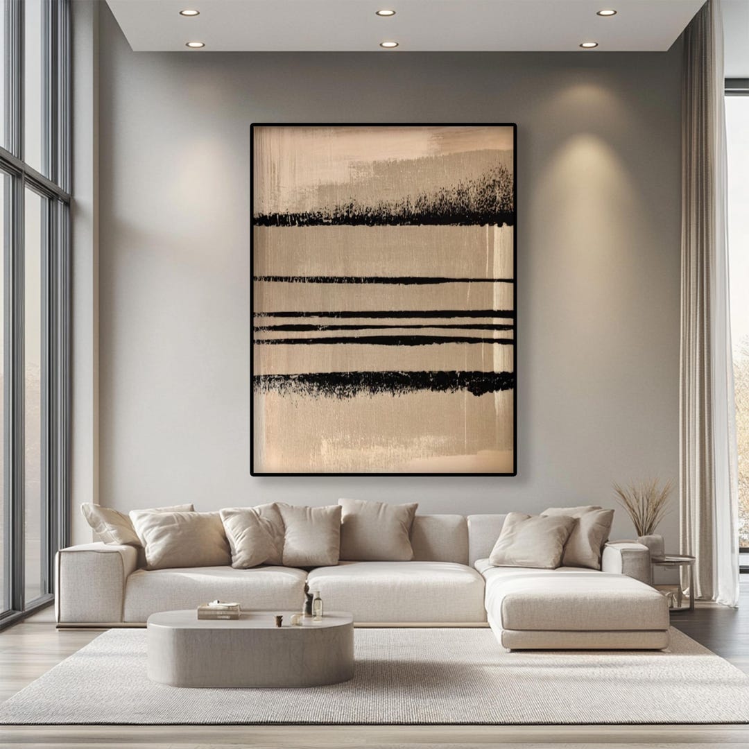 Textured Abstract Oil Painting: Beige Black Modern Wall Art - Etsy