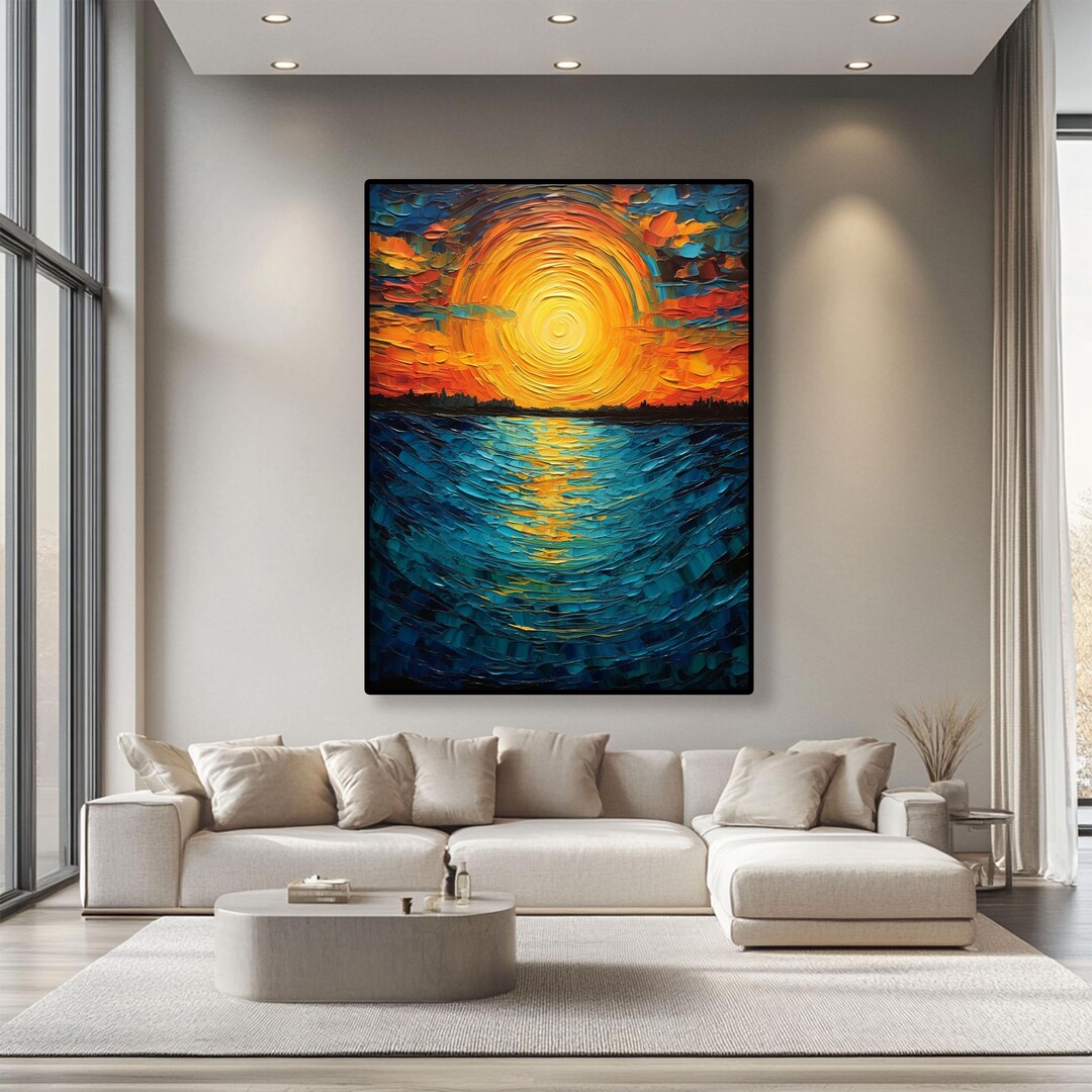 Handmade Sunset Oil Painting on Canvas – Textured Abstract Landscape ...