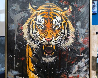 Dipinto a olio originale di tigre su tela: arte murale moderna astratta