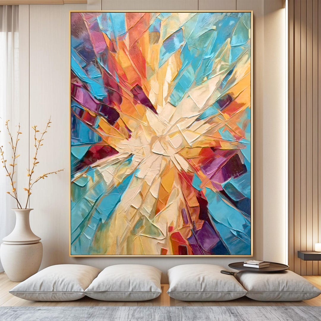 Textured Abstract Oil Painting on Canvas: Turquoise, Beige, Orange Wall ...
