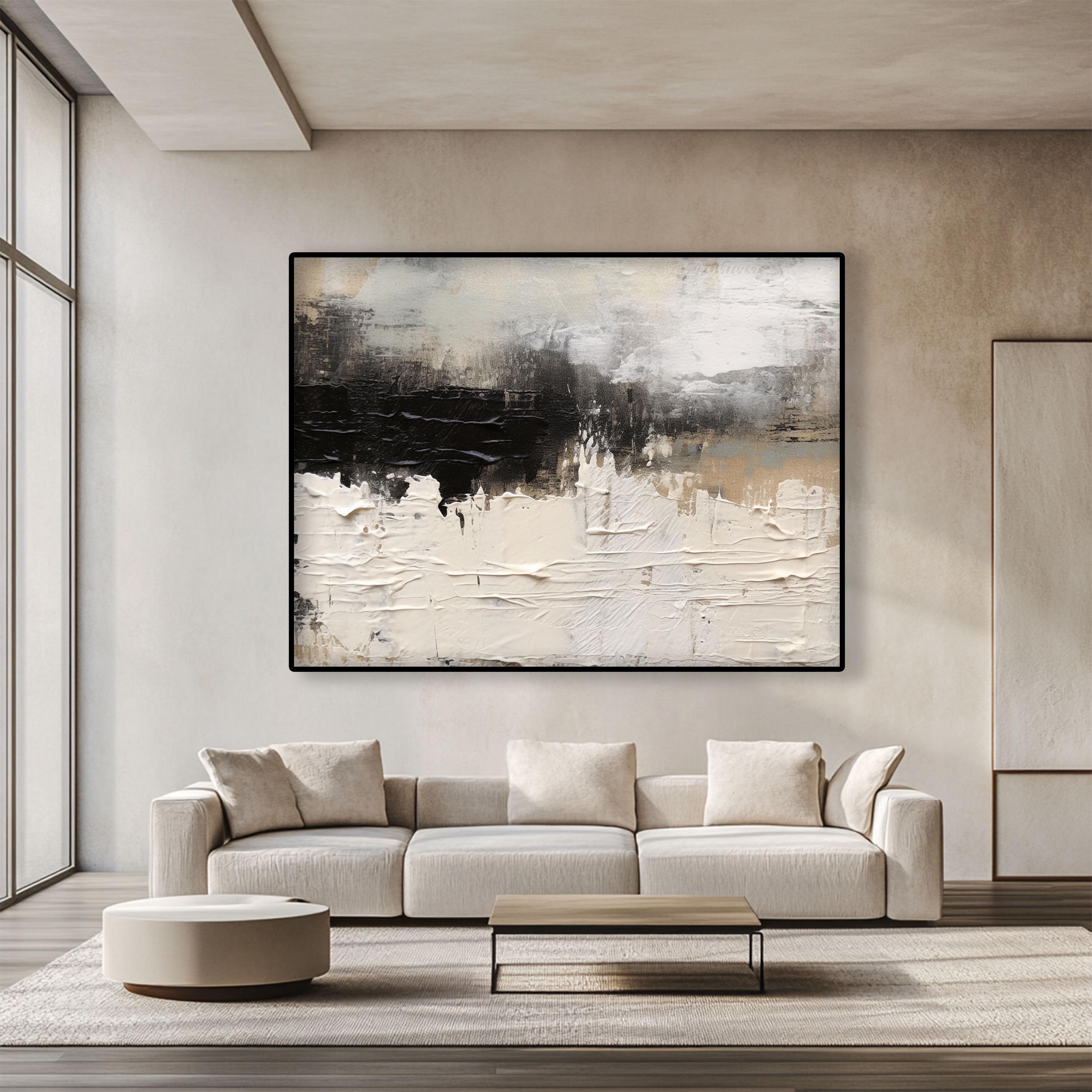 Beige & Black Abstract Oil Painting on Canvas – Large Textured Wall Art ...