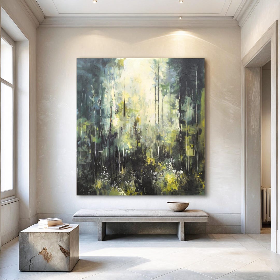 Textured Abstract Landscape Oil Painting: Green, Black & White Canvas ...