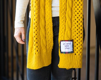 60. Scripture Scarf - mustard yellow cable knit oblong