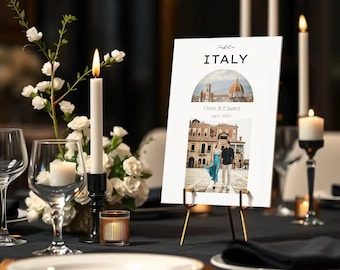 Hochzeitsfoto-Tischnummern - Bearbeitbare Canva-Vorlage - Hochzeit am Bestimmungsort - Reiseinspirierte benutzerdefinierte Tischnamen - Sofort-Download