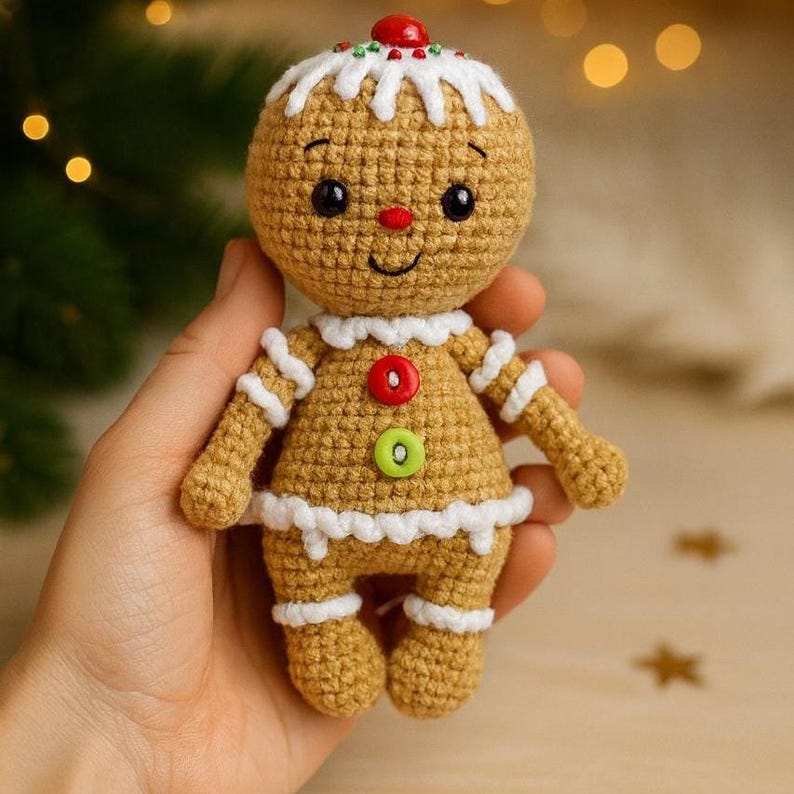 May include: A crocheted gingerbread man doll with a smiling face, black eyes, and a red nose. The doll has white frosting details, red and green button accents, and white trim. The doll is held in a hand.