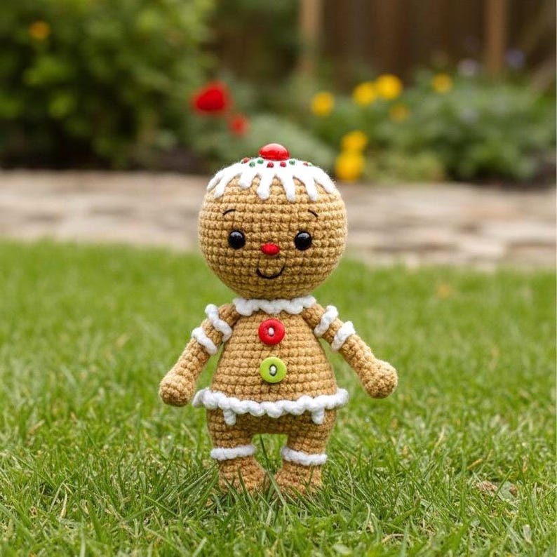 May include: A crocheted gingerbread man doll with a brown body, white icing details, and red, green, and white accents. The doll has a smiling face with black eyes and a red nose. It is standing on green grass.