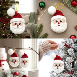 May include: A crochet Santa Claus ornament featuring a red hat with a white pom-pom, a white beard, and a small red nose. The ornament includes a yellow hanging loop and is crafted with detailed stitching, showcasing a round face with black eyes.