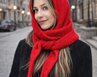 ソフィーフード 100%メリノウール 手編みスカーフ | フード付き