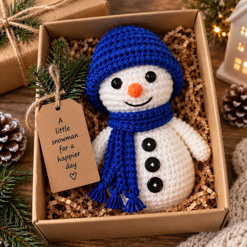 May include: A white crocheted snowman doll wearing a blue hat and scarf with three black buttons on its body. The snowman has a small orange nose and black eyes. A brown paper tag attached to the doll reads, A little snowman for a happier day.