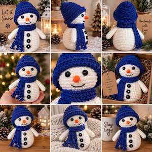 May include: A crocheted snowman toy featuring a white round body, a blue knit hat, and a matching blue scarf. The snowman has a small orange carrot-shaped nose, black button eyes, and three black buttons vertically aligned on its front.