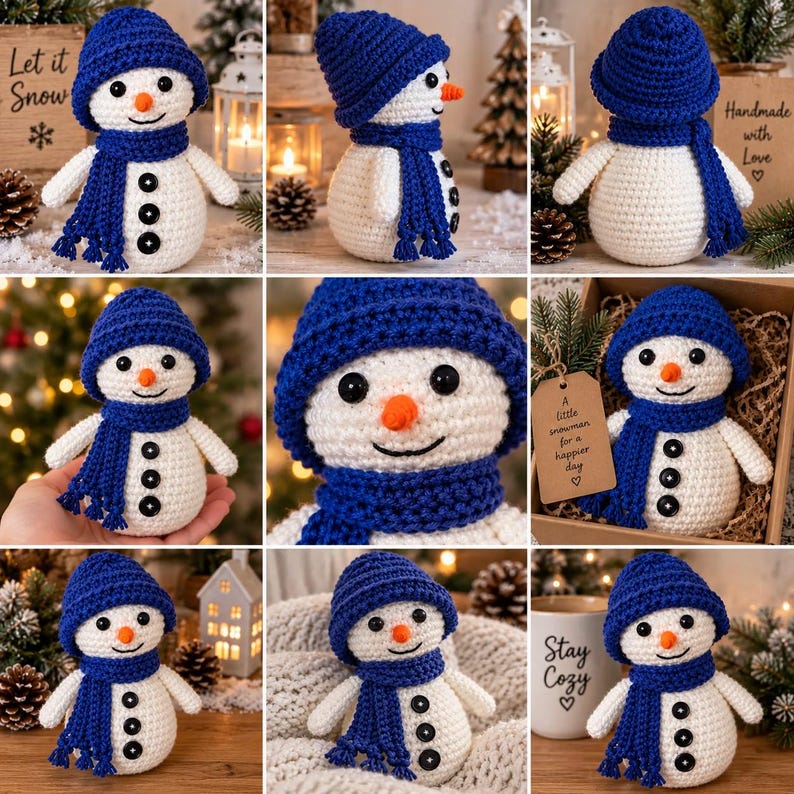 May include: A crocheted snowman toy featuring a white round body, a blue knit hat, and a matching blue scarf. The snowman has a small orange carrot-shaped nose, black button eyes, and three black buttons vertically aligned on its front.
