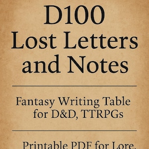 May include: A tan-colored graphic with black text that reads "D100 Lost Letters and Notes." Below, it says "Fantasy Writing Table for D&D, TTRPGs." The bottom text reads "Printable PDF for Lore, Quests, and Worldbuilding Flavor."