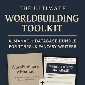 Puede incluir: El kit de herramientas definitivo para la construcción de mundos, un paquete para TTRPG y escritores de fantasía. Incluye un Almanaque del Constructor de Mundos y una Base de Datos de Construcción de Mundos en una tableta. El texto dice "Lore & Ledger Systems."