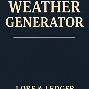 May include: A dark blue background with the words "WEATHER GENERATOR" in a cream-colored, serif font. Below the text is a horizontal line. The words "LORE & LEDGER" appear at the bottom in the same font.