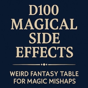 May include: A navy blue graphic with cream-colored text. The text reads "D100 MAGICAL SIDE EFFECTS" above "WEIRD FANTASY TABLE FOR MAGIC MISHAPS." Below is "Created by LORE & LEDGER SYSTEMS."