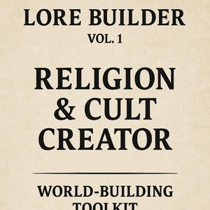 Könnte beinhalten: Ein cremefarbenes Buchcover mit schwarzem Text. Der Titel lautet "LORE BUILDER VOL. 1" über "RELIGION & CULT CREATOR" und "WORLD-BUILDING TOOLKIT". Der Text unten lautet "LORE & LEDGER".
