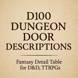 Op de afbeelding: Op een beige achtergrond staat de tekst "D100 DUNGEON DOOR DESCRIPTIONS" in een vet, donkerbruin lettertype. Daaronder staat de tekst "Fantasy Detail Table for D&D, TTRPGs" in een kleiner, vergelijkbaar lettertype. Thema: fantasy rollenspellen.