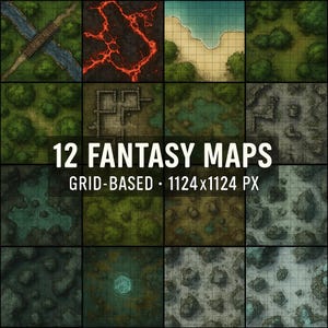 Może przedstawiać: Obraz oparty na siatce przedstawiający 12 map fantasy z różnymi terenami, w tym lasami, polami lawy i obszarami przybrzeżnymi. Mapy są przeznaczone do gier fabularnych i są oznaczone jako "12 FANTASY MAPS" i "GRID-BASED • 1124x1124 PX".