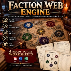 May include: The Faction Web Engine game kit features a map with six colored wax-style seals depicting a lion, sun, skull, eye, stag, and star. It includes four worksheets: Faction Profile, Influence Tracker, Relationship Map, and Plot Hook Generator.
