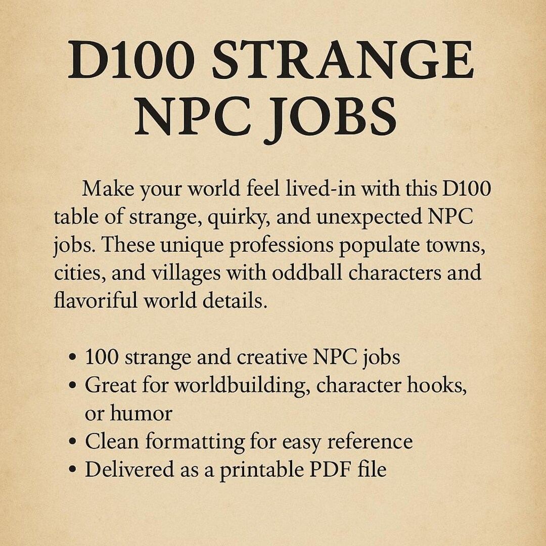 D100 Strange NPC Jobs Table: Fantasy RPG Worldbuilding (printable PDF ...