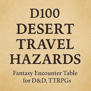 Peut inclure: Sur un fond beige, le texte "D100 DESERT TRAVEL HAZARDS" en marron foncé. En dessous, "Fantasy Encounter Table for D&D, TTRPGs". L'image est conçue pour les jeux de rôle sur table.