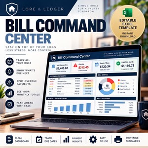 May include: A laptop displaying a Bill Command Center Excel template with a dashboard showing total outstanding, overdue, and upcoming payments, a monthly payment trend bar chart, and a bill status pie chart with text overlays.