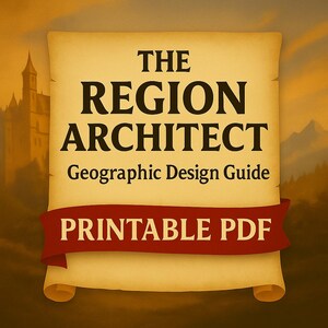 Op de afbeelding: Een perkamentachtige rol met de titel "THE REGION ARCHITECT" in zwarte letters. Daaronder staat "Geographic Design Guide". Een rode banner onderaan zegt "PRINTABLE PDF". De achtergrond toont een kasteel en bergen.