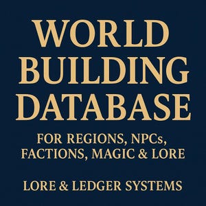 Könnte beinhalten: Marineblaue Grafik mit goldenem Text. Der Text lautet "WORLD BUILDING DATABASE" über "FOR REGIONS, NPCs, FACTIONS, MAGIC & LORE" und "LORE & LEDGER SYSTEMS".