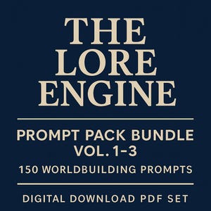 May include: A navy blue graphic with the text "THE LORE ENGINE" in a serif font. Below, it reads "PROMPT PACK BUNDLE VOL. 1-3" and "150 WORLDBUILDING PROMPTS." The bottom text says "DIGITAL DOWNLOAD PDF SET."