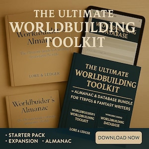 Op de afbeelding: Een afbeelding met boeken en een tablet, allemaal gerelateerd aan wereldopbouw. De boeken heten "The Ultimate Worldbuilding Toolkit" en "Worldbuilder's Almanac". De tablet toont een database. De tekst "Download Now" is inbegrepen.