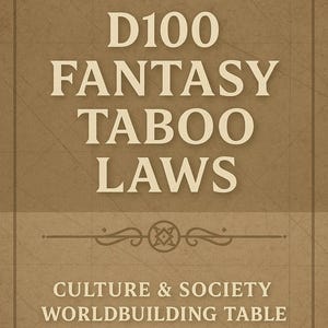 May include: A tan-colored graphic with the text "D100 FANTASY TABOO LAWS" in a bold, serif font. Below, it reads "CULTURE & SOCIETY WORLDBUILDING TABLE". Decorative lines and flourishes frame the text, suggesting a game or reference guide.