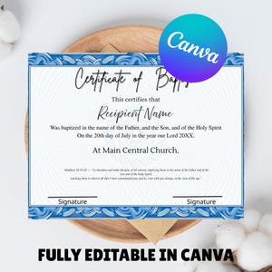 Certificado de bautismo imprimible (Editable en Canva), certificado de bautismo en agua, descarga digital editable, ágata azul y plateada para plantillas de iglesias.
