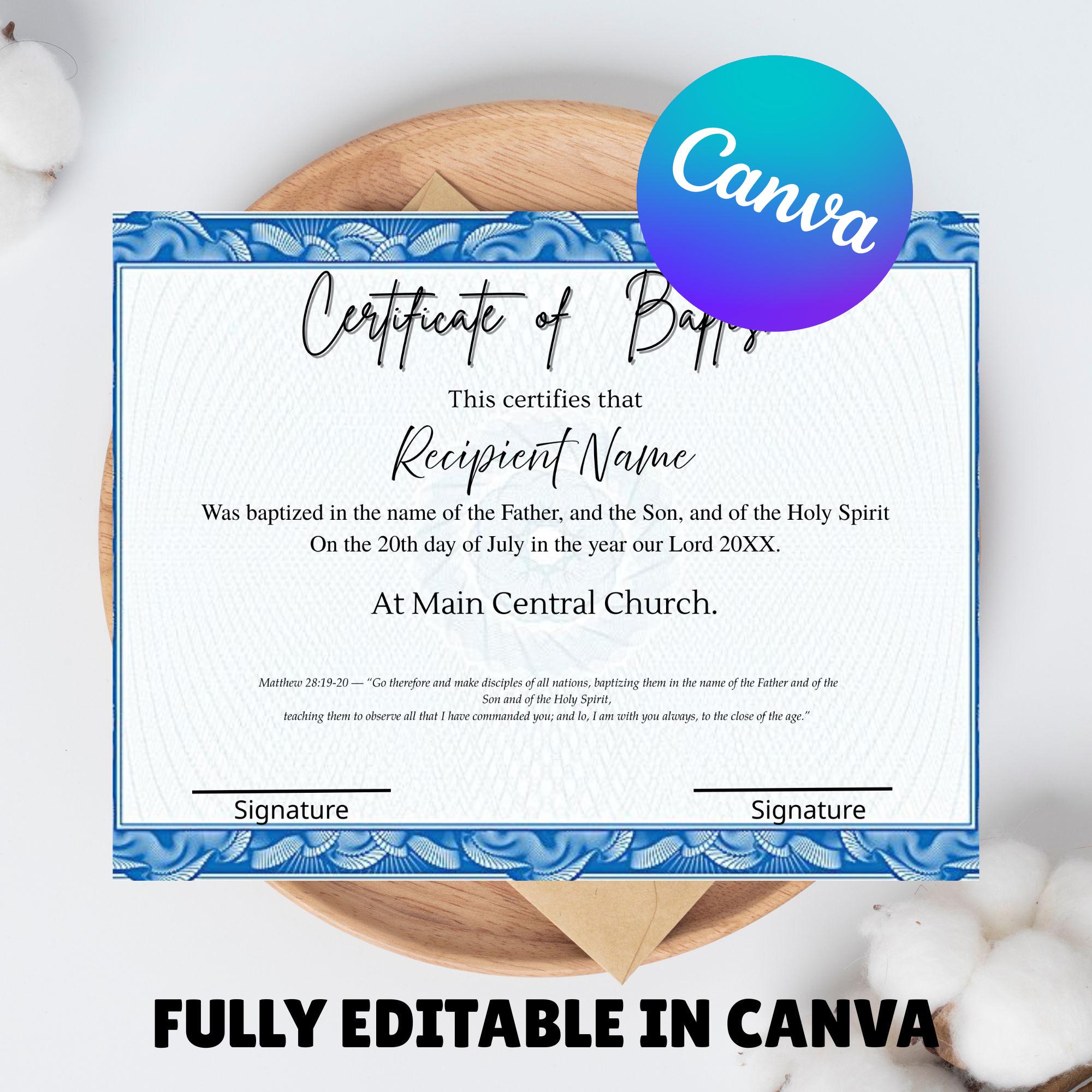 BAPTISM Printable CERTIFICATE Edit in Canva, Water Baptism Certification Editable Digital Download Blue, Silver Agate for Church Templates