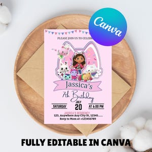 Gabbys Dollhouse Birthday Invitation | Editable Gabby&#39;s Kids Birthday invite | Gabyys Template Editable Printable | Invite Instant Download