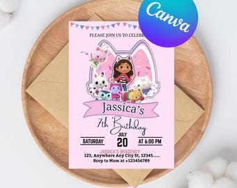 Convite de aniversário da Gabbys Dollhouse | Convite de aniversário infantil editável da Gabby | Modelo Gabyys editável para impressão | Convite para download instantâneo