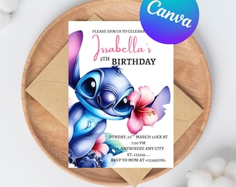 Invitación de cumpleaños de Stitch, invitación editable para fiesta en la piscina, hermosa invitación para cumpleaños infantil, invitación de Stitch, Canva Edit
