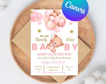 Convite editável para chá de bebê com ursinho rosa, convite para chá de bebê "We Can Bearly Wait", ursinha rosa, modelo digital para impressão