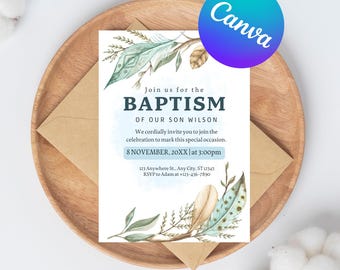 Blue Watercolor Baptism Invitation Template, Printable Baptism Boy Invitation, Christening, Modern, Boys Blue Gold, Editable, Minimalist